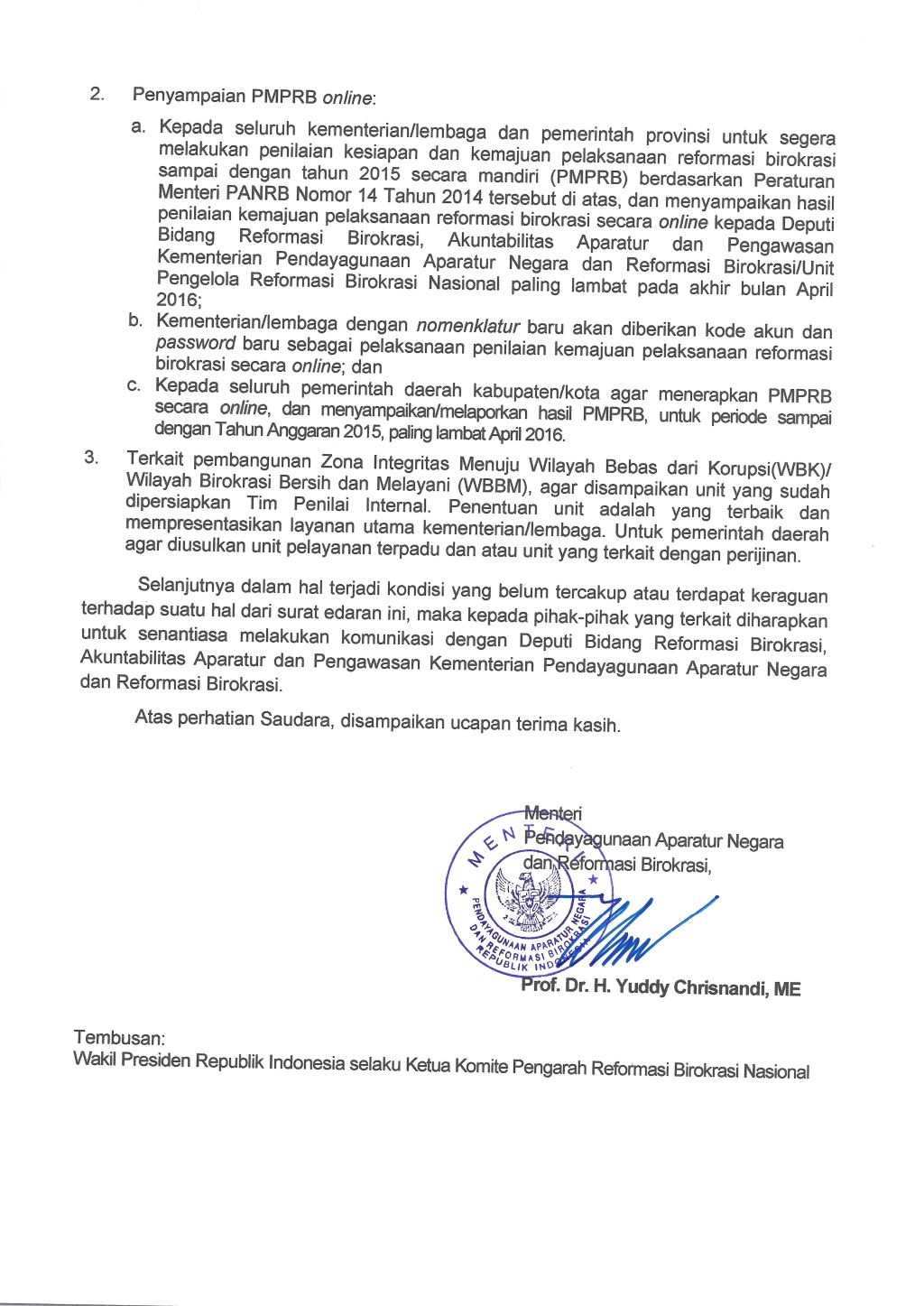 20160218 Surat Menteri PANRB ttg Kewajiban Penyampaian Laporan Bidang RB Kunwas 2 rev1