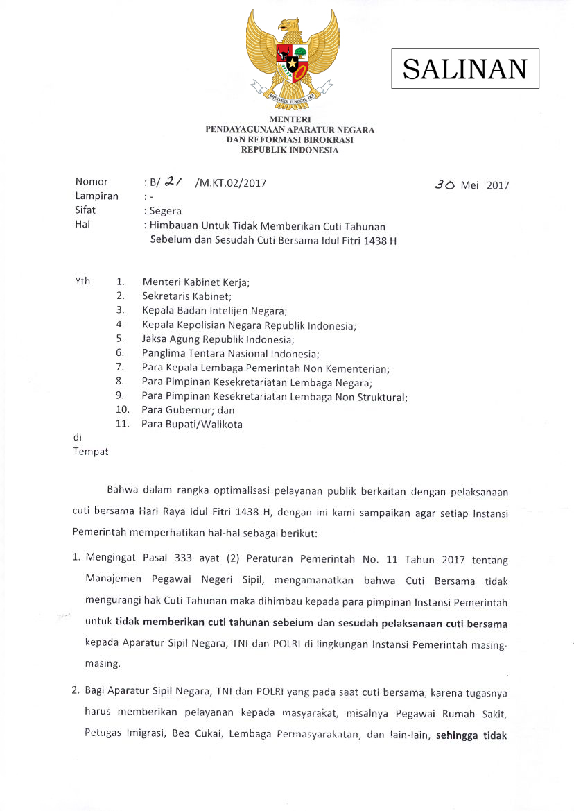 Surat Menteri Panrb Tentang Himbauan Untuk Tidak Memberikan