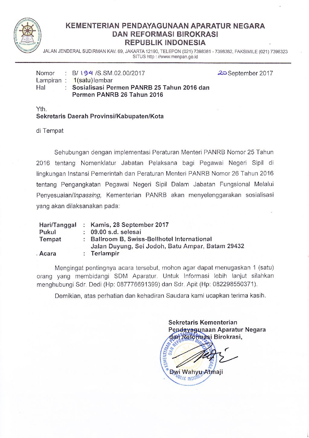 Kementerian Pendayagunaan Aparatur Negara Dan Reformasi Birokrasi Surat Undangan Sekretaris Kementerian Panrb Tentang Sosialisasi Permen Panrb 25 Tahun 2016 Dan Permen Panrb 26 Tahun 2016 Kamis 28 September 2017