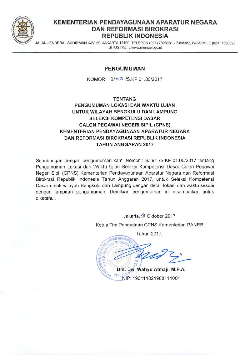 20171018 Pengumuman lokasi dan waktu pelaksanaan skd menpanrb 2017 LAMPUNG BENGKULU Page 1
