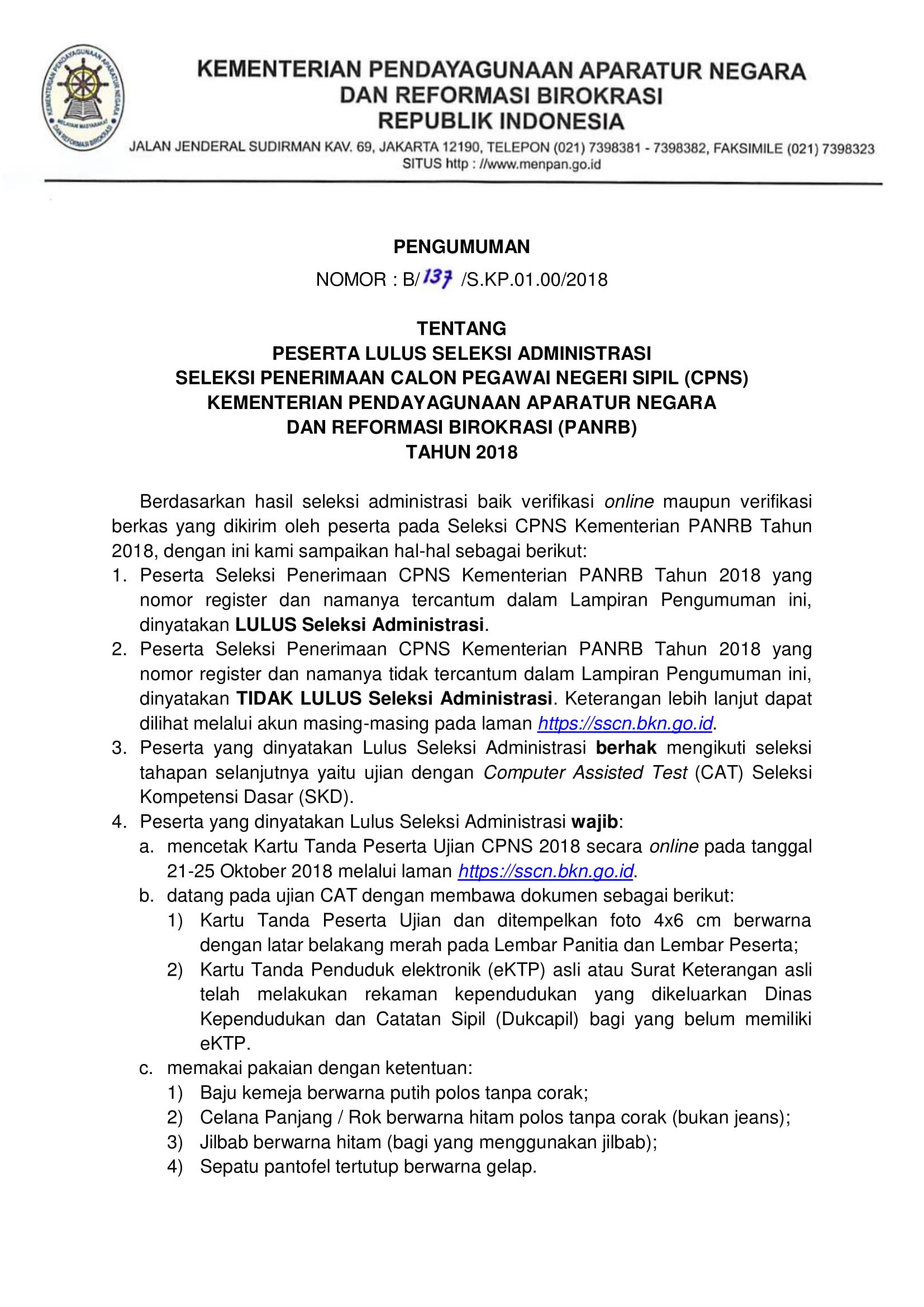 Pengumuman Hasil Seleksi Administrasi CPNS Kementerian PANRB 2018 Page 01