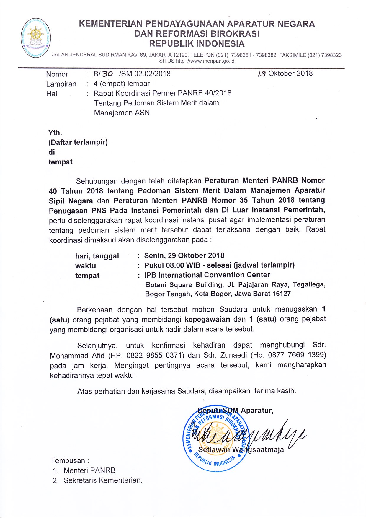 Kementerian Pendayagunaan Aparatur Negara Dan Reformasi Birokrasi Surat Undangan Deputi Sdm Aparatur Perihal Rapat Koordinasi Permenpanrb 40 2018 Tentang Pedoman Sistem Merit Dalam Manajemen Asn