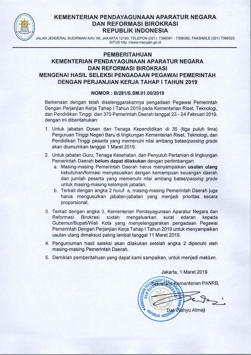20190301 Pemberitahuan Hasil Seleksi PPPK Tahap 1 Tahun 2019