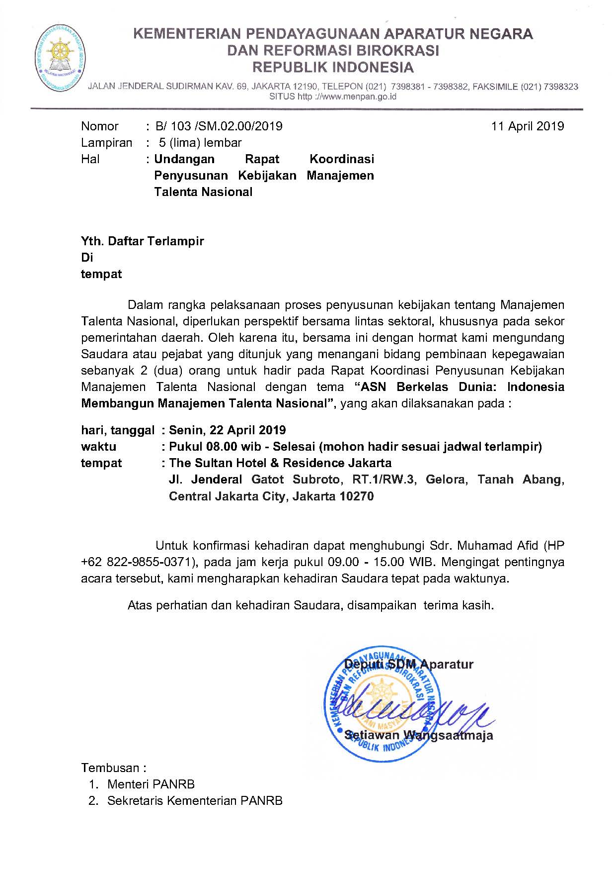 Kementerian Pendayagunaan Aparatur Negara Dan Reformasi Birokrasi Surat Undangan Rapat Koordinasi Penyusunan Kebijakan Manajemen Talenta Nasional Jakarta 22 April 2019