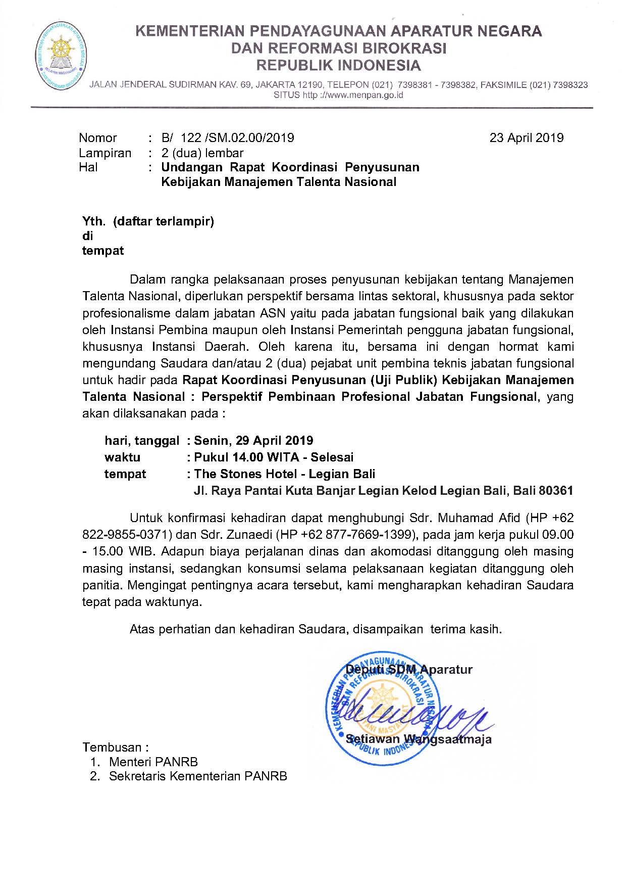 Kementerian Pendayagunaan Aparatur Negara Dan Reformasi Birokrasi Surat Undangan Rapat Koordinasi Penyusunan Kebijakan Manajemen Talenta Nasional Jakarta 29 April 2019