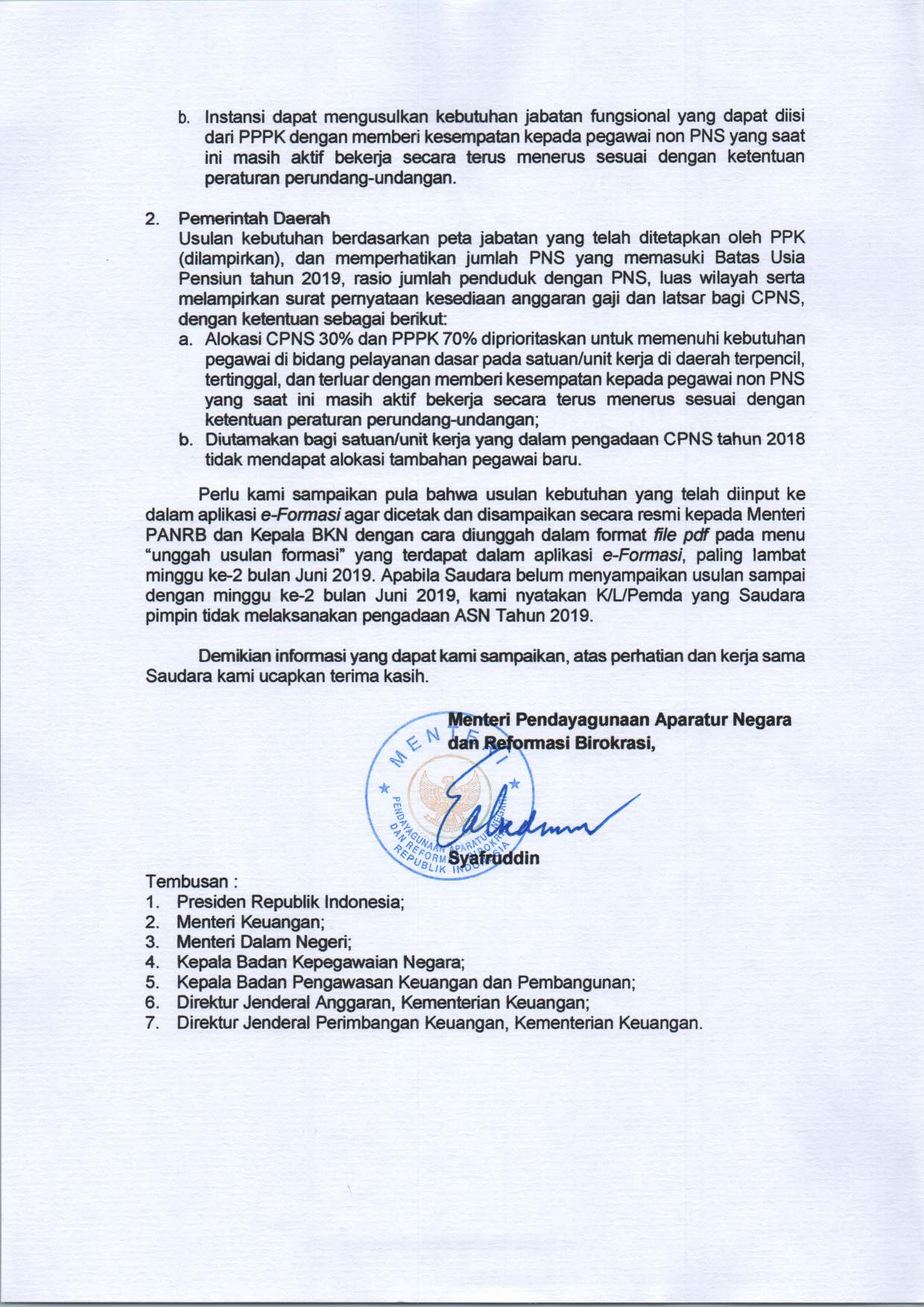 Surat Menteri PANRB Nomor B 617 M SM 01 00 2019