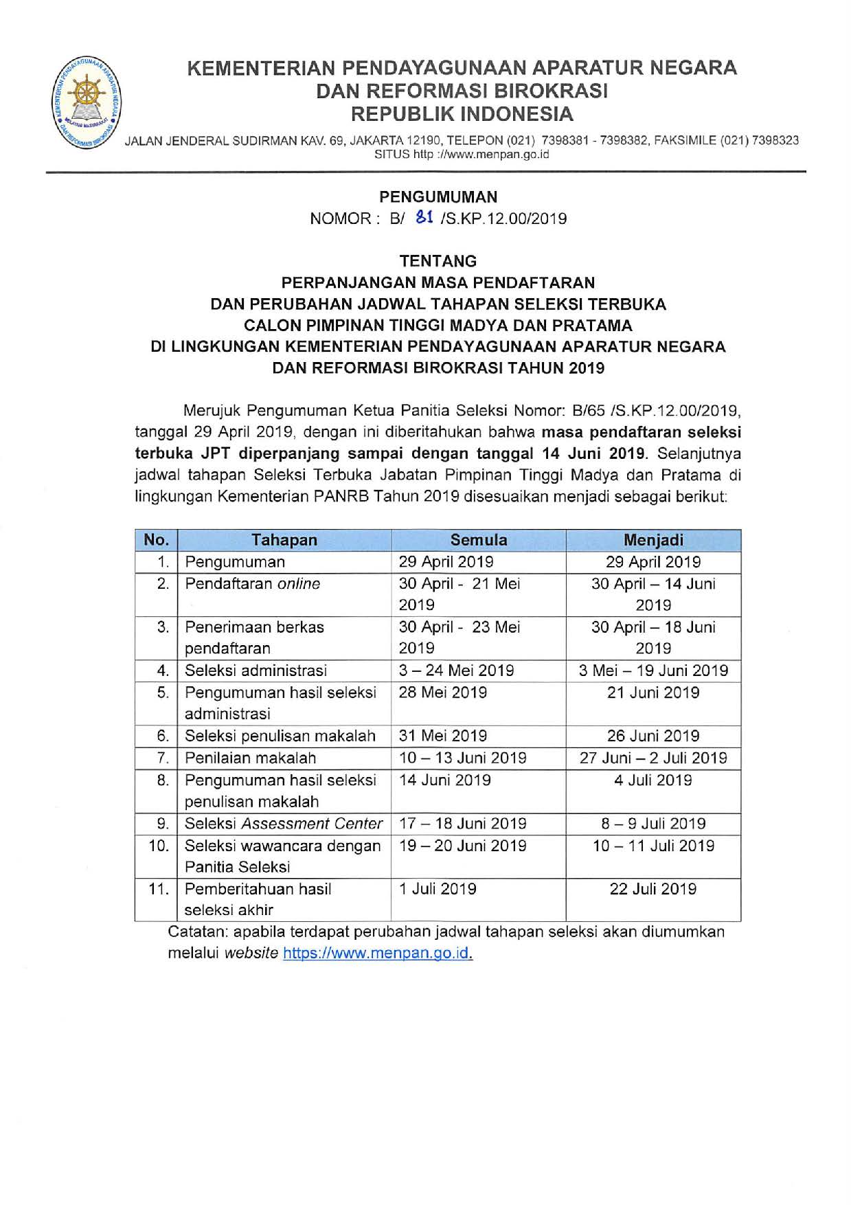 20190524 Pengumuman Perpanjangan Masa Pendaftaran Selter JPT Menpan 2019 Page 1