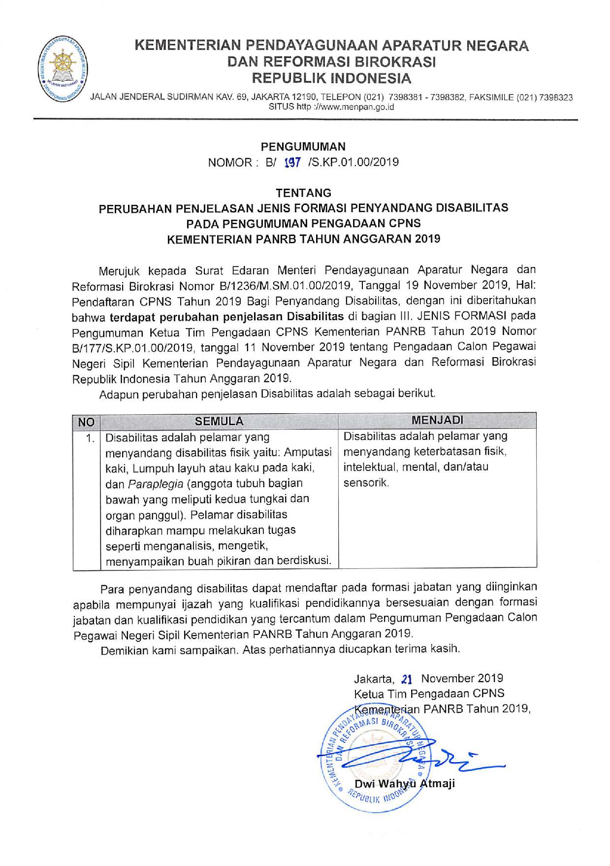 20191122 Perubahan Penjelasan Jenis Formasi Penyandang Disabilitas Pada Pengumuman Pengadaan CPNS Kementerian