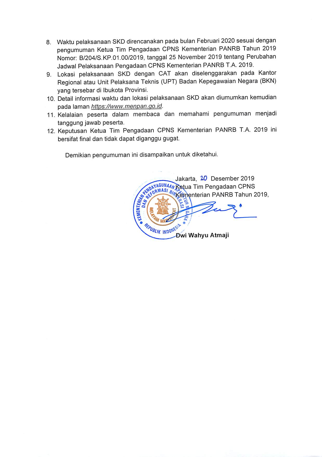 20191220 Pengumuman Hasil Sanggahan Pelamar Pengadaan CPNS Kementerian PANRB TA 2019 Page 02