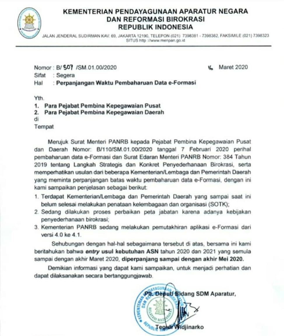 Pengisian Data e-Formasi Terkait Kebutuhan ASN 2020/2021, Diperpanjang Hingga Mei 2020
