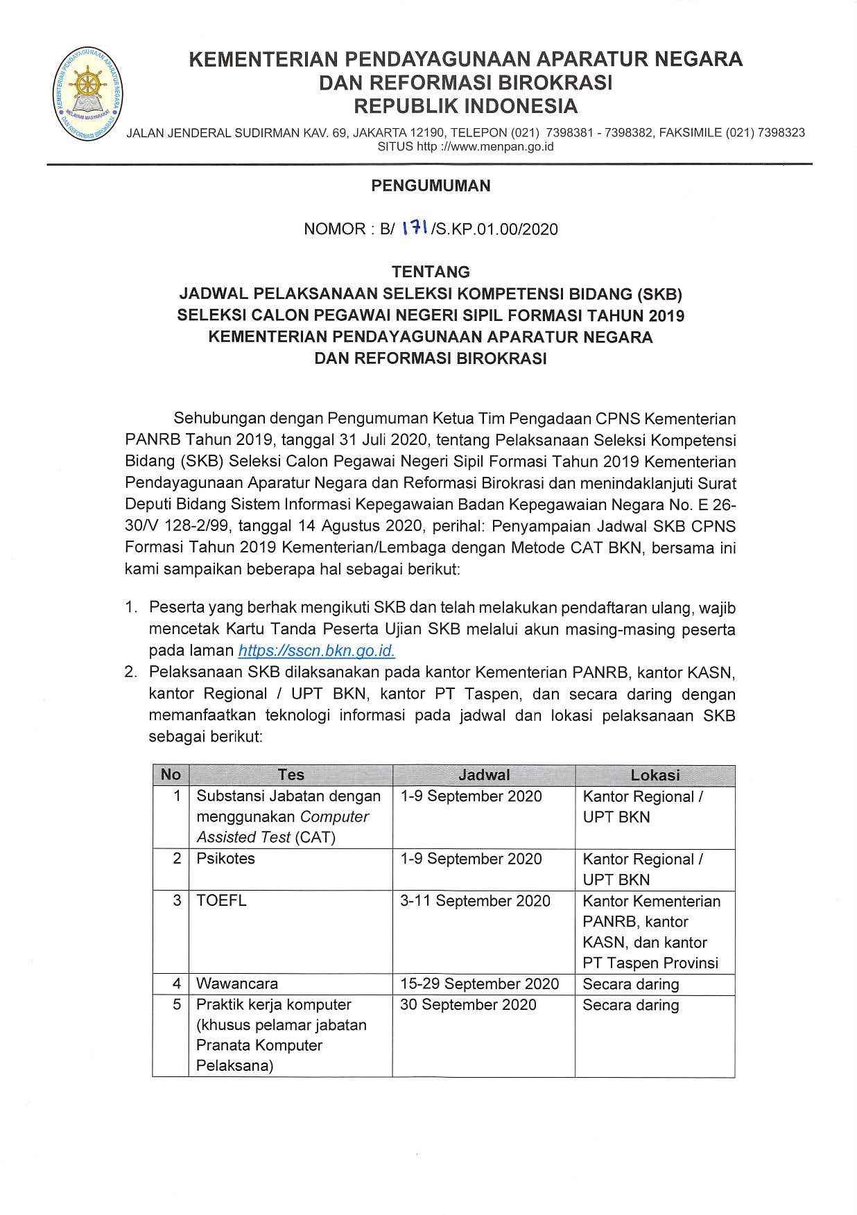 20200818 Pengumuman Jadwal SKB Kementerian PANRB TA 2019 Page 1