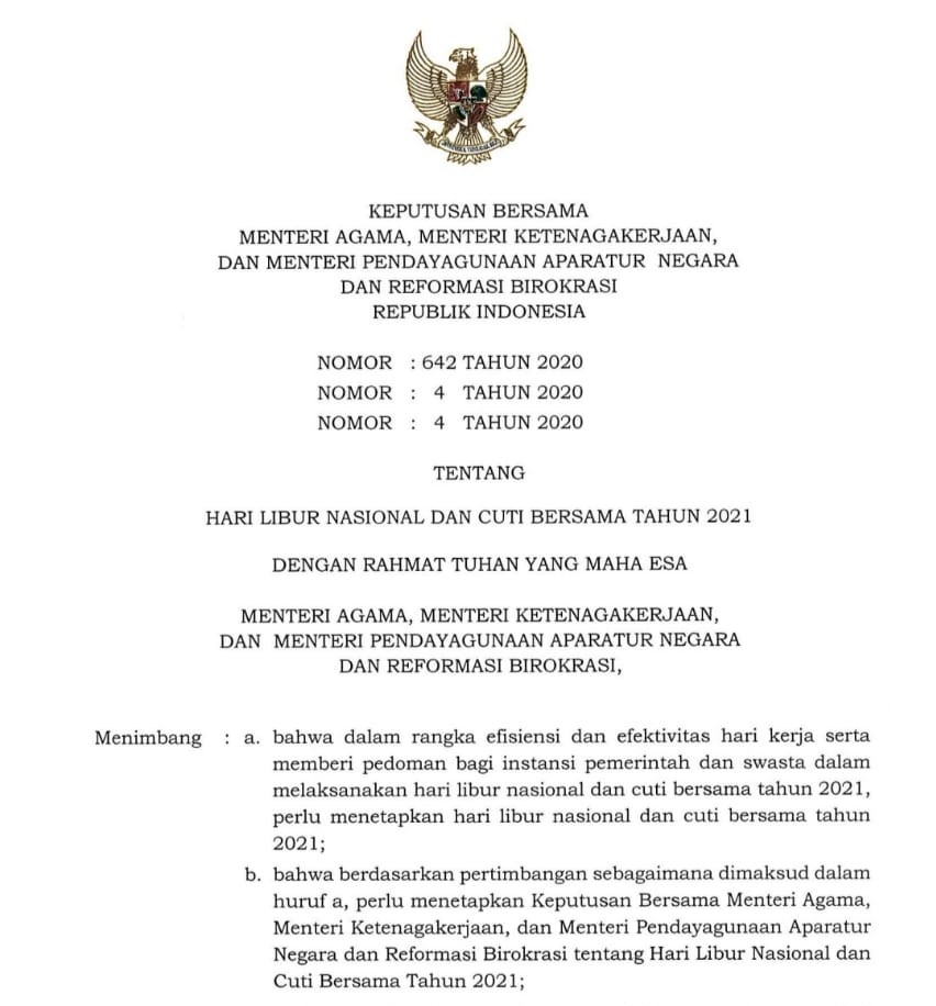 Kementerian Pendayagunaan Aparatur Negara Dan Reformasi Birokrasi Libur Nasional Dan Cuti Bersama Tahun 2021 Sebanyak 23 Hari