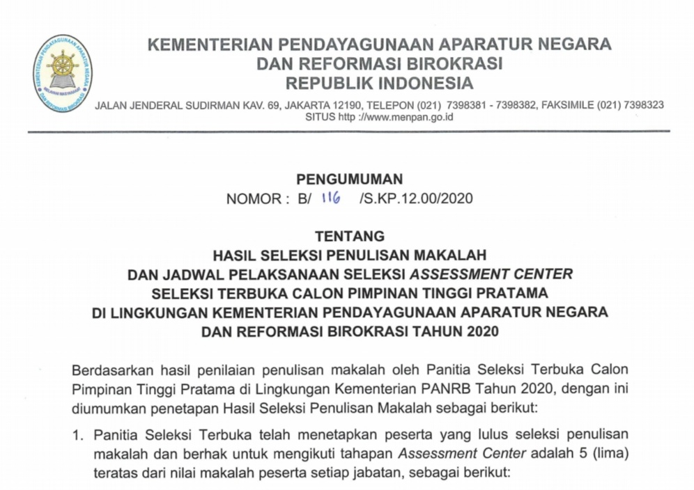 20201029 Calon Pejabat Pimpinan Tinggi Kementerian PANRB Akan Jalani Assessment Center
