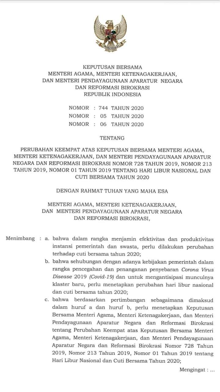 Kementerian Pendayagunaan Aparatur Negara Dan Reformasi Birokrasi Cegah Klaster Baru Covid 19 Pemerintah Revisi Cuti Bersama Tahun 2020