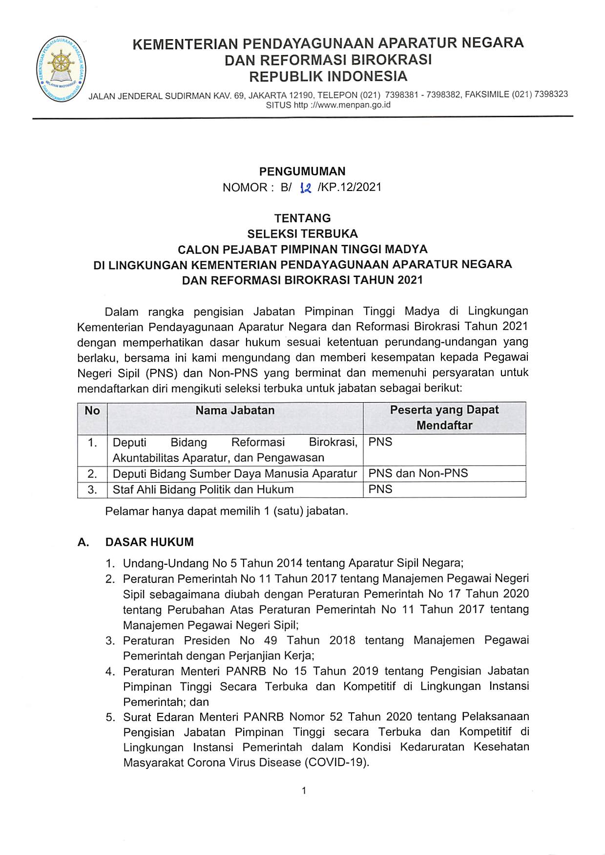 20210111 Pengumuman Seleksi Terbukan Calon JPT Madya Kementerian PANRB Page 01
