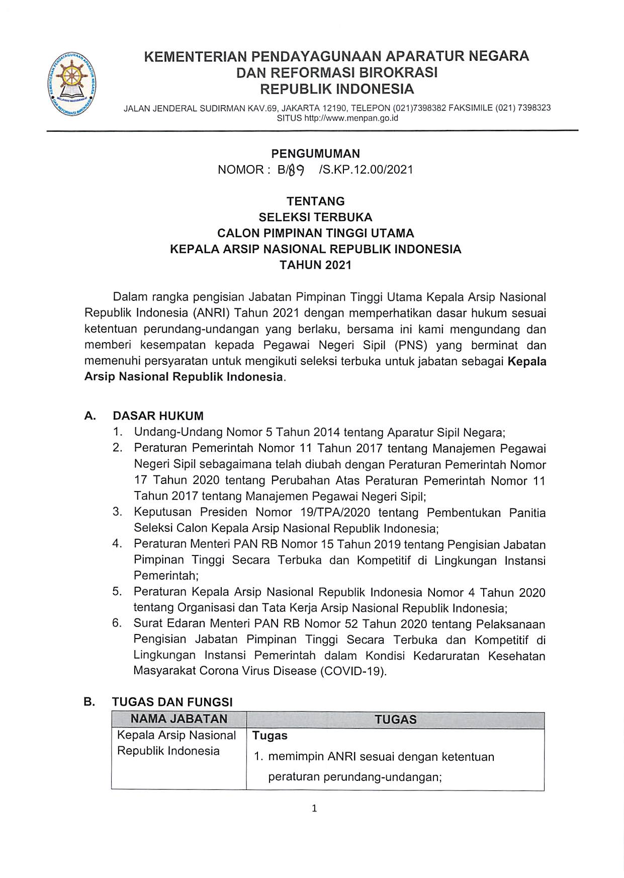 20210301 Pengumuman Seleksi Terbuka Calon JPT Utama Kepala ANRI Page 01