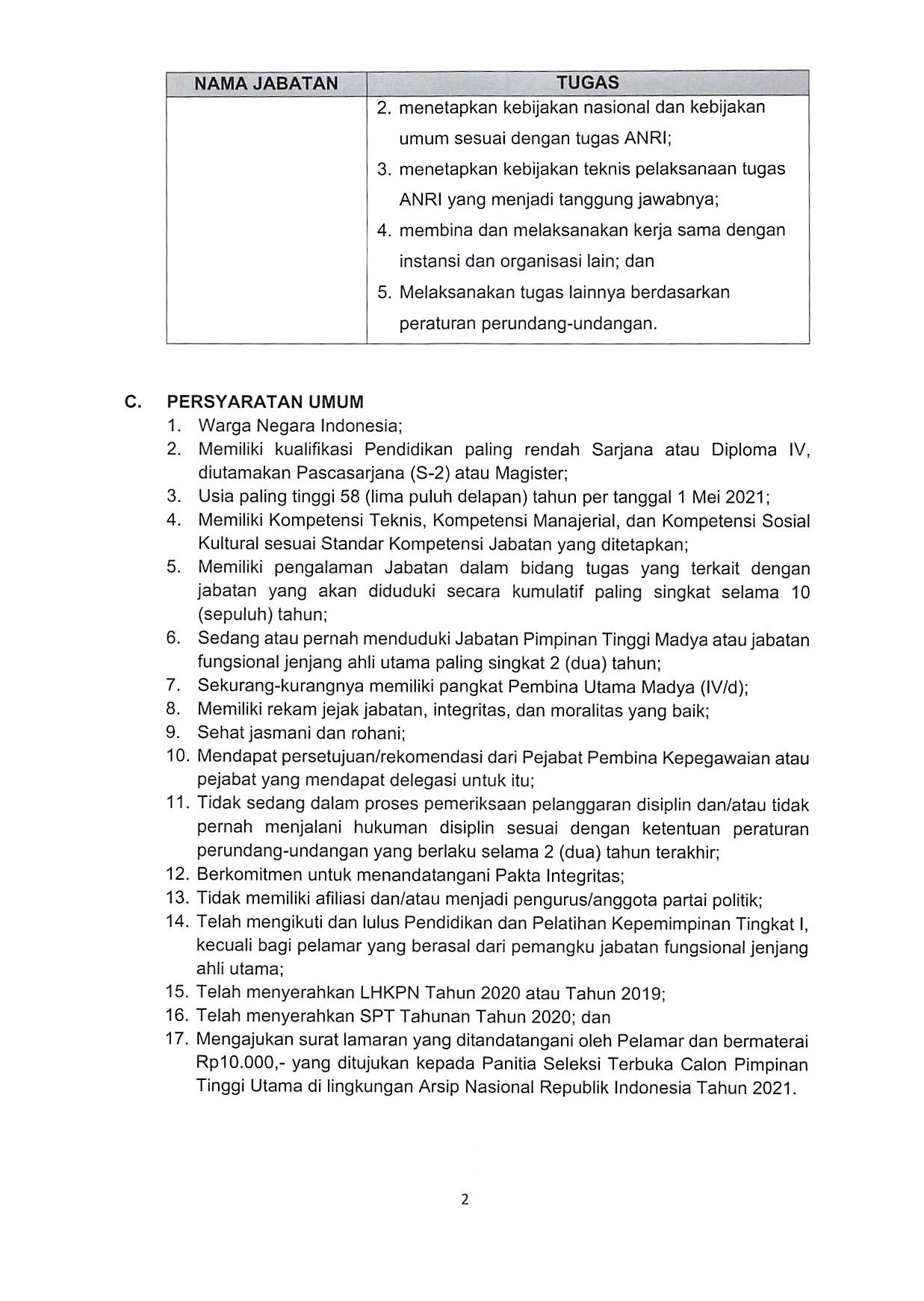 20210301 Pengumuman Seleksi Terbuka Calon JPT Utama Kepala ANRI Page 02