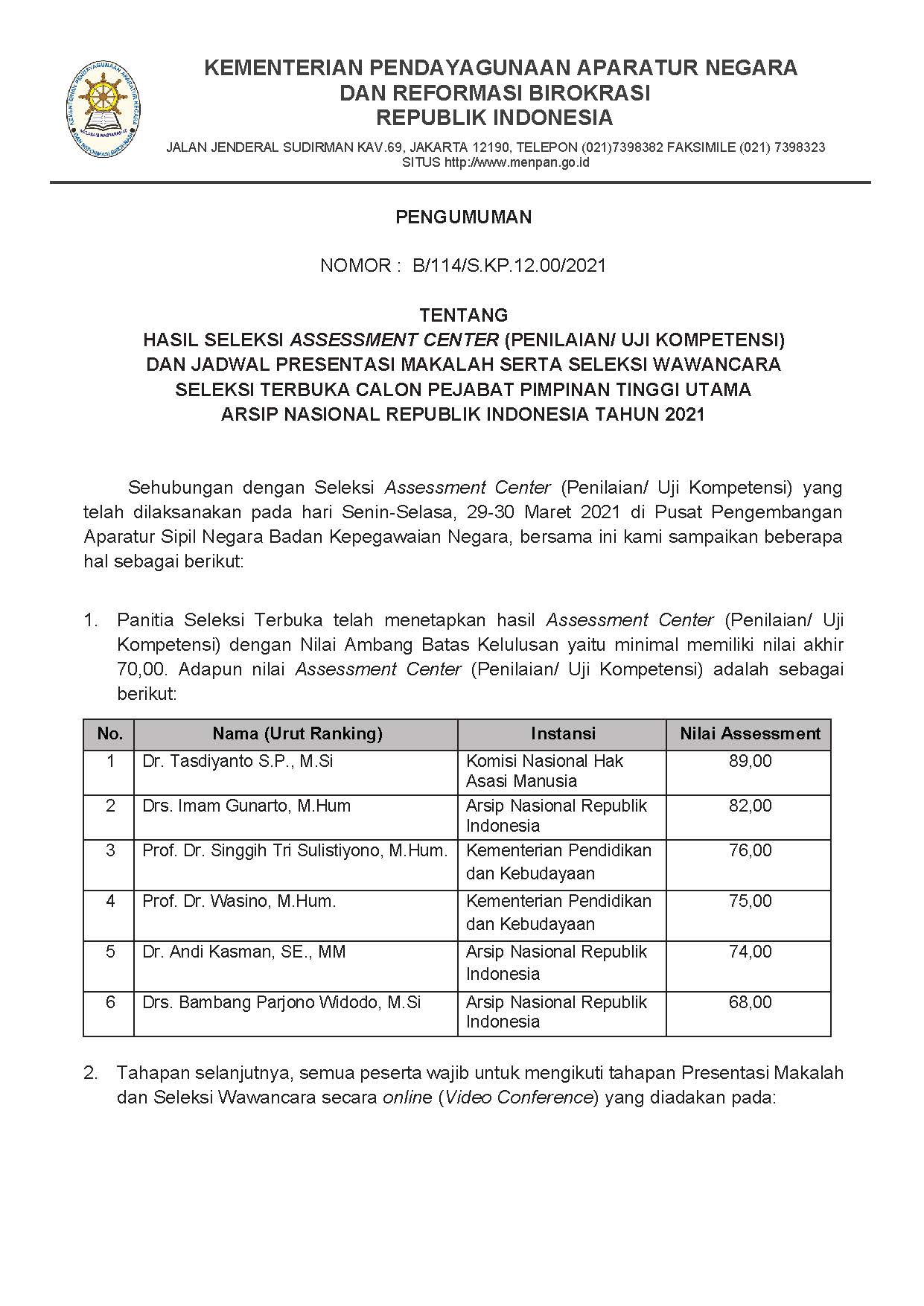 20210406 Pengumuman hasil seleksi Assesment ANRI Page 1