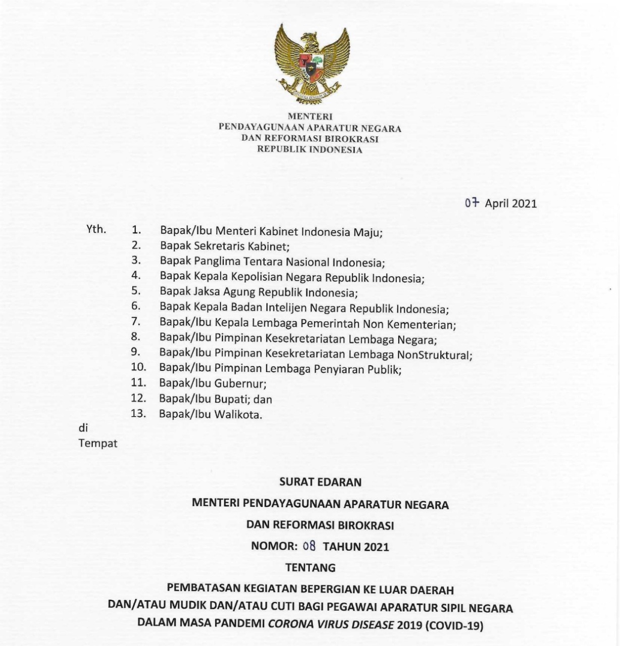 Kementerian Pendayagunaan Aparatur Negara Dan Reformasi Birokrasi Pemerintah Tetapkan Larangan Mudik Lebaran 2021 Bagi Asn