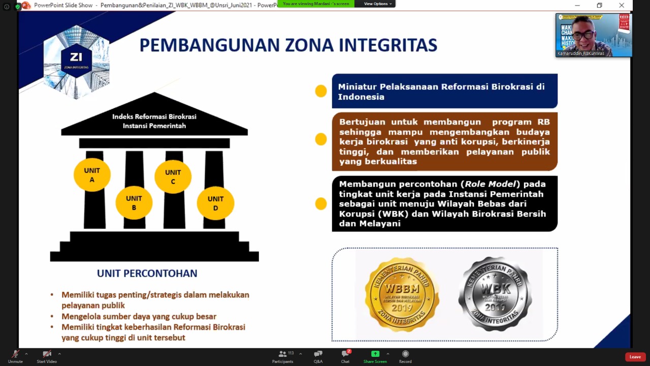 20210604 Sosialisasi Standar Pelayanan dan Budaya Pelayanan Prima dalam Rangka Pembangunan Zona Integritas Fakultas Hukum Universitas Sriwijaya 4