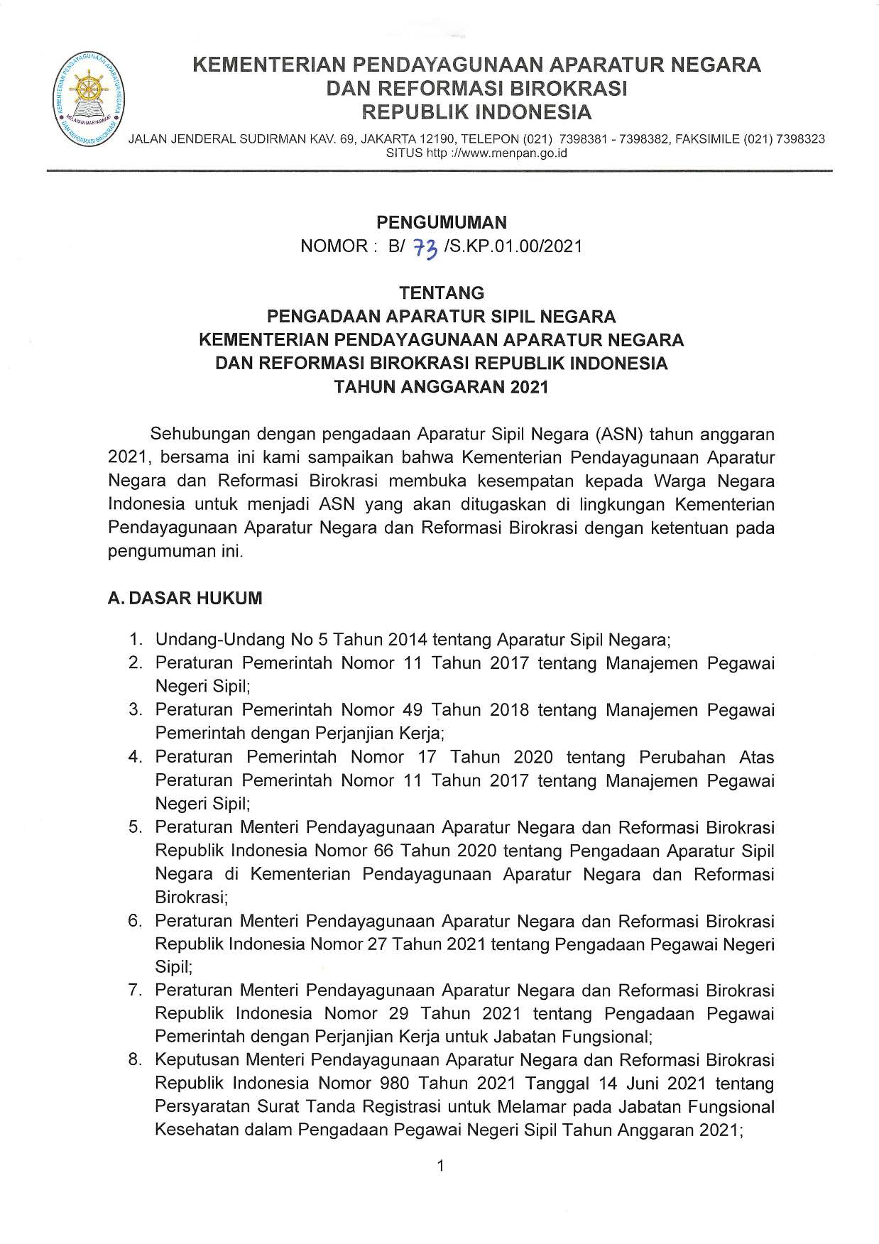 20210630 Pengumuman Pengadaan ASN Kementerian PANRB 2021 Page 01