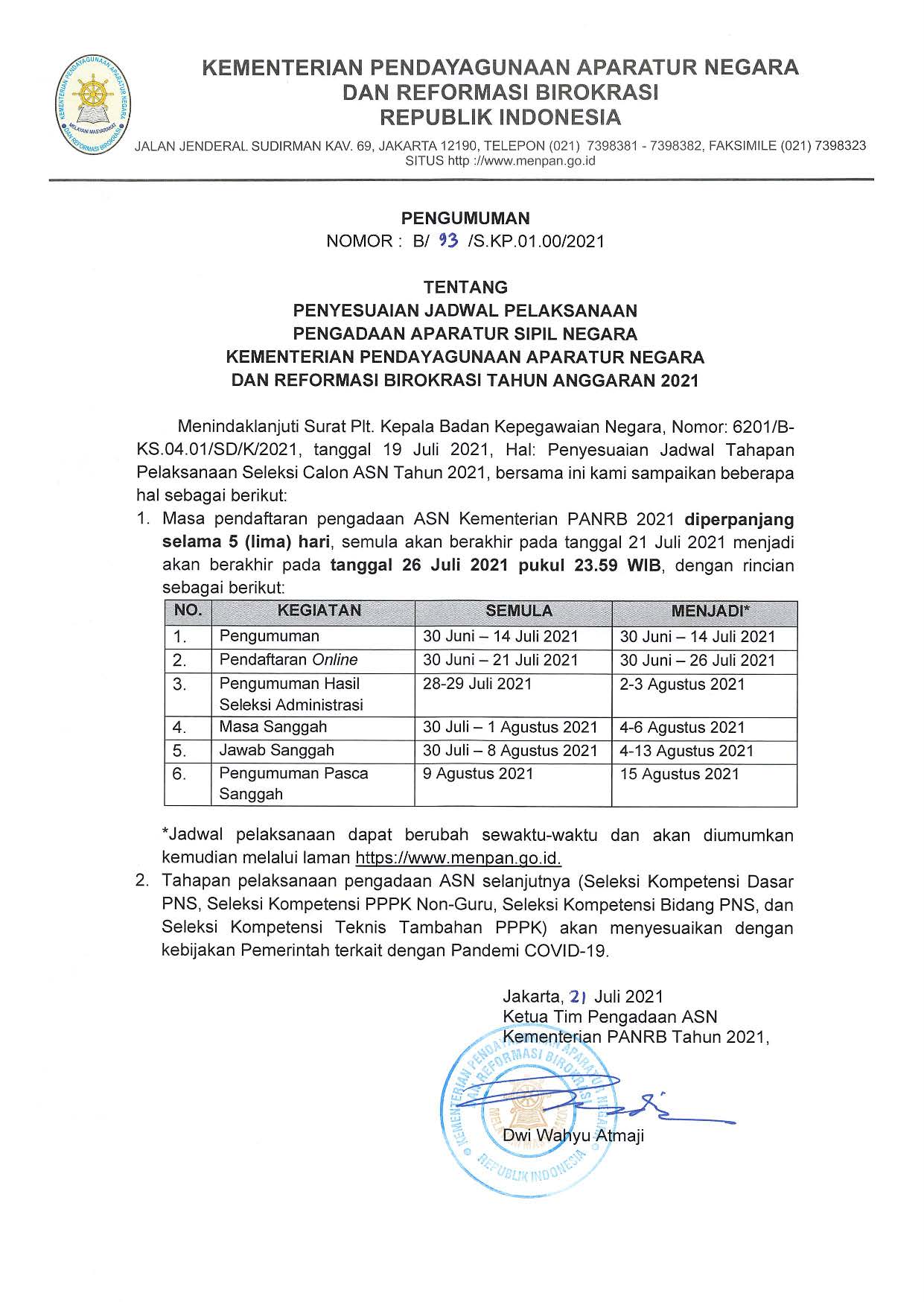 20210721 Pengumuman Penyesuaian Jadwal Pengadaan ASN Kementerian PANRB