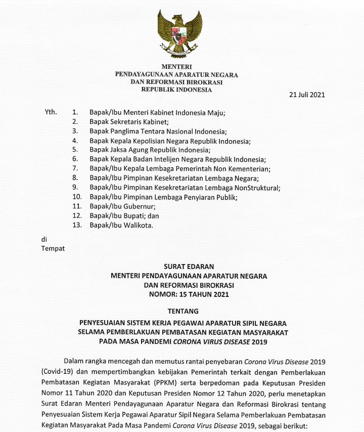 20210722 Penyesuaian Sistem Kerja ASN Selama PPKM Terbagi Menjadi 4 Level