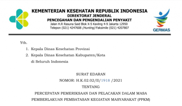 20210726 Kemenkes Terbitkan Edaran Percepatan Testing dan Tracing di Daerah PPKM