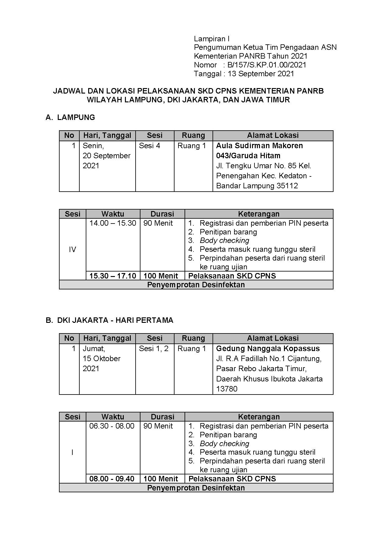 20210913 Lampiran I Pengumuman Jadwal Lokasi Mandiri SKD Lampung Jakarta Jatim Page 1