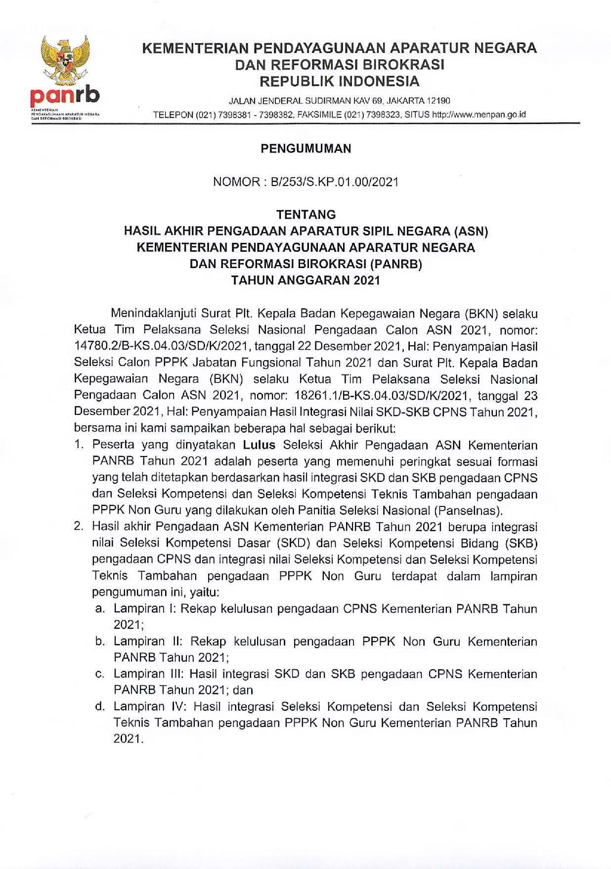 20211223 01 PENGUMUMAN HASIL AKHIR PENGADAAN ASN KEMENTERIAN PANRB 2021 Page 1