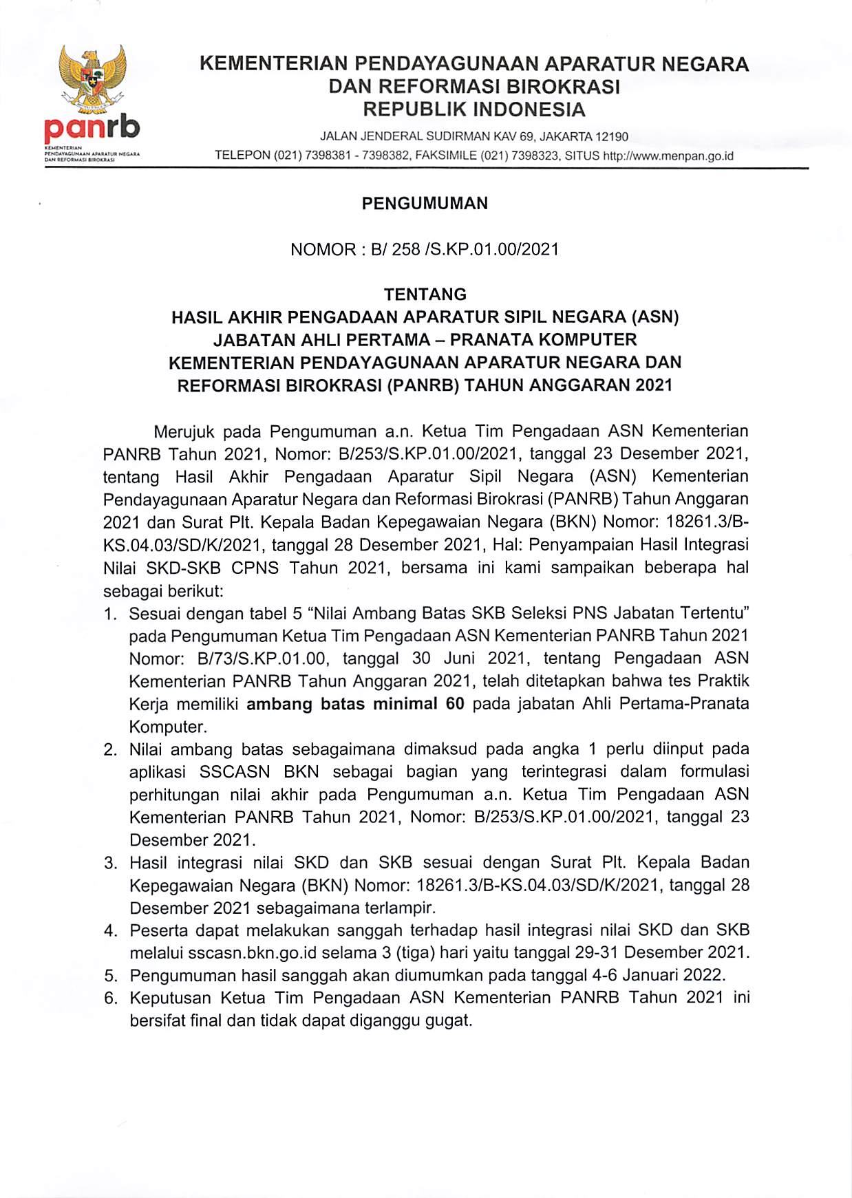 20211228 Pengumuman Hasil Akhir Pengadaan ASN Jabatan Ahli Pertama Prakom Page 1