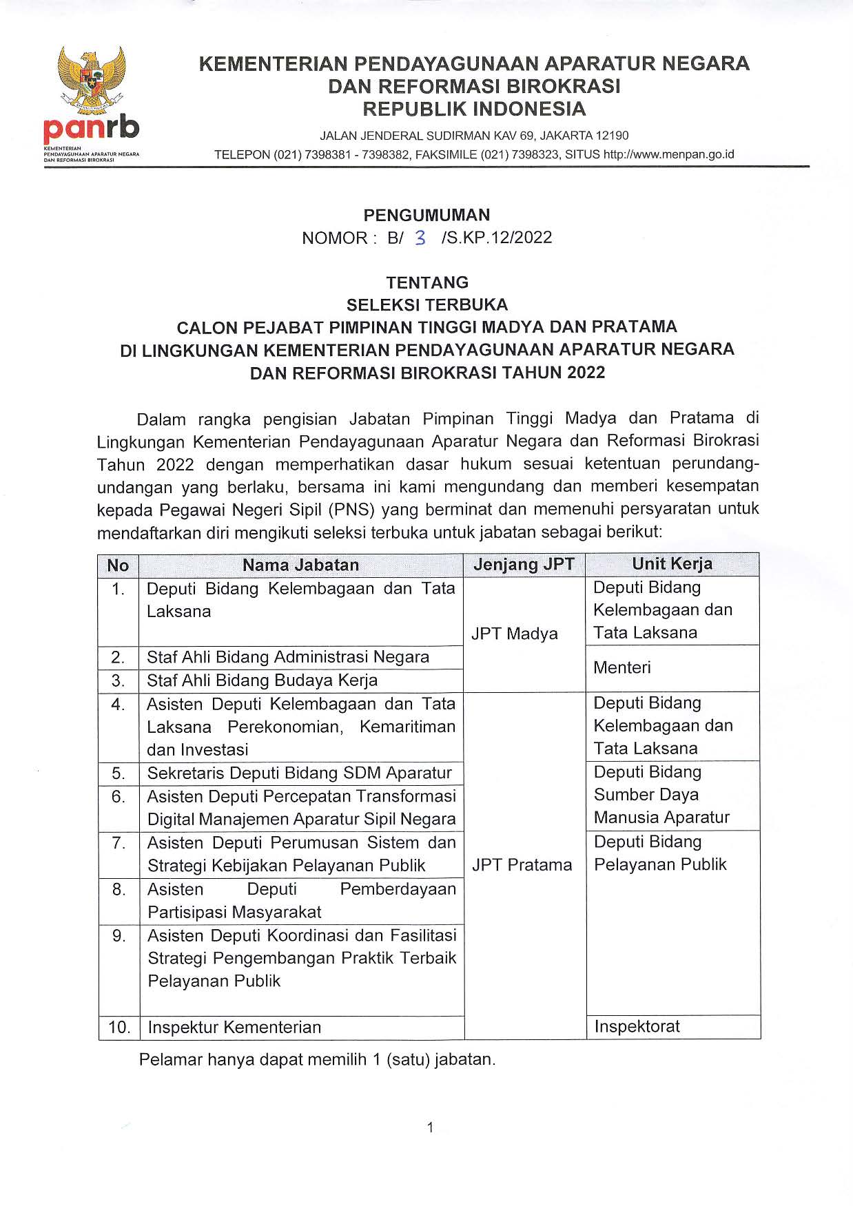 20220105 Pengumuman Selter JPT Madya dan Pratama 5 Januari 2022 Page 01