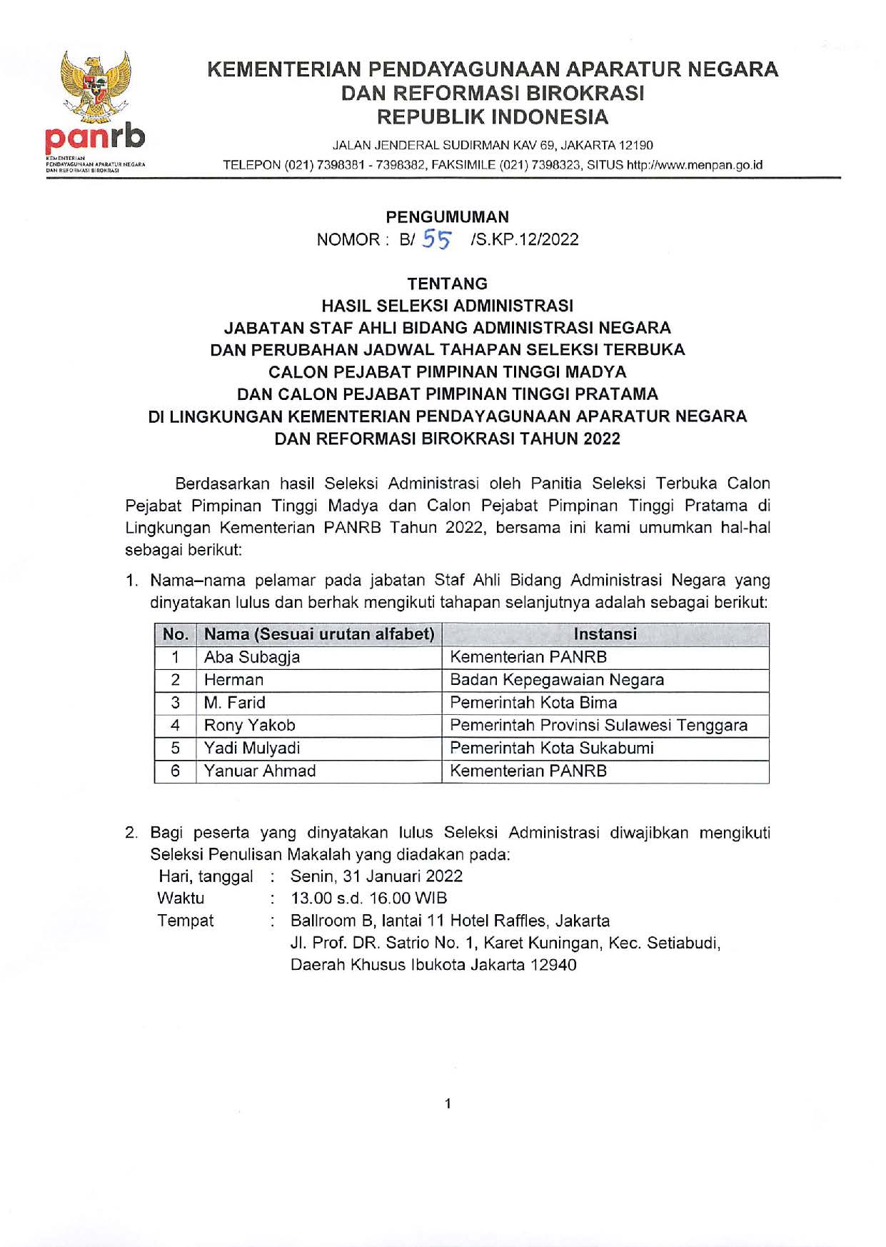 20220128 Pengumuman Hasil Seleksi Administrasi Jabatan SA ADM Negara dan Perubahan Jadwal Page 1