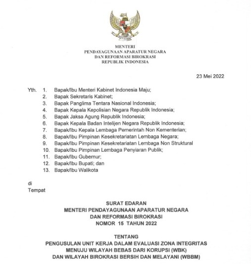 20220524 Menteri PANRB Terbitkan Edaran Pembatasan Usulan Evaluasi Zona Integritas
