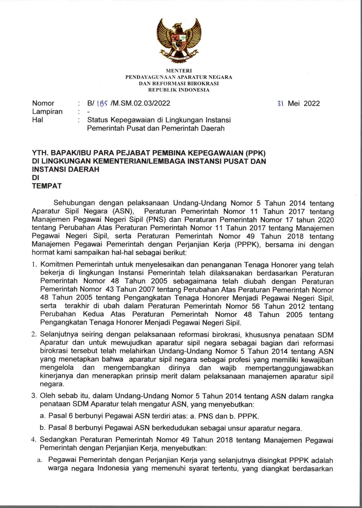 20220602 Status Kepegawaian di Lingkungan Instansi Pemerintah Pusat dan Daerah Page 1