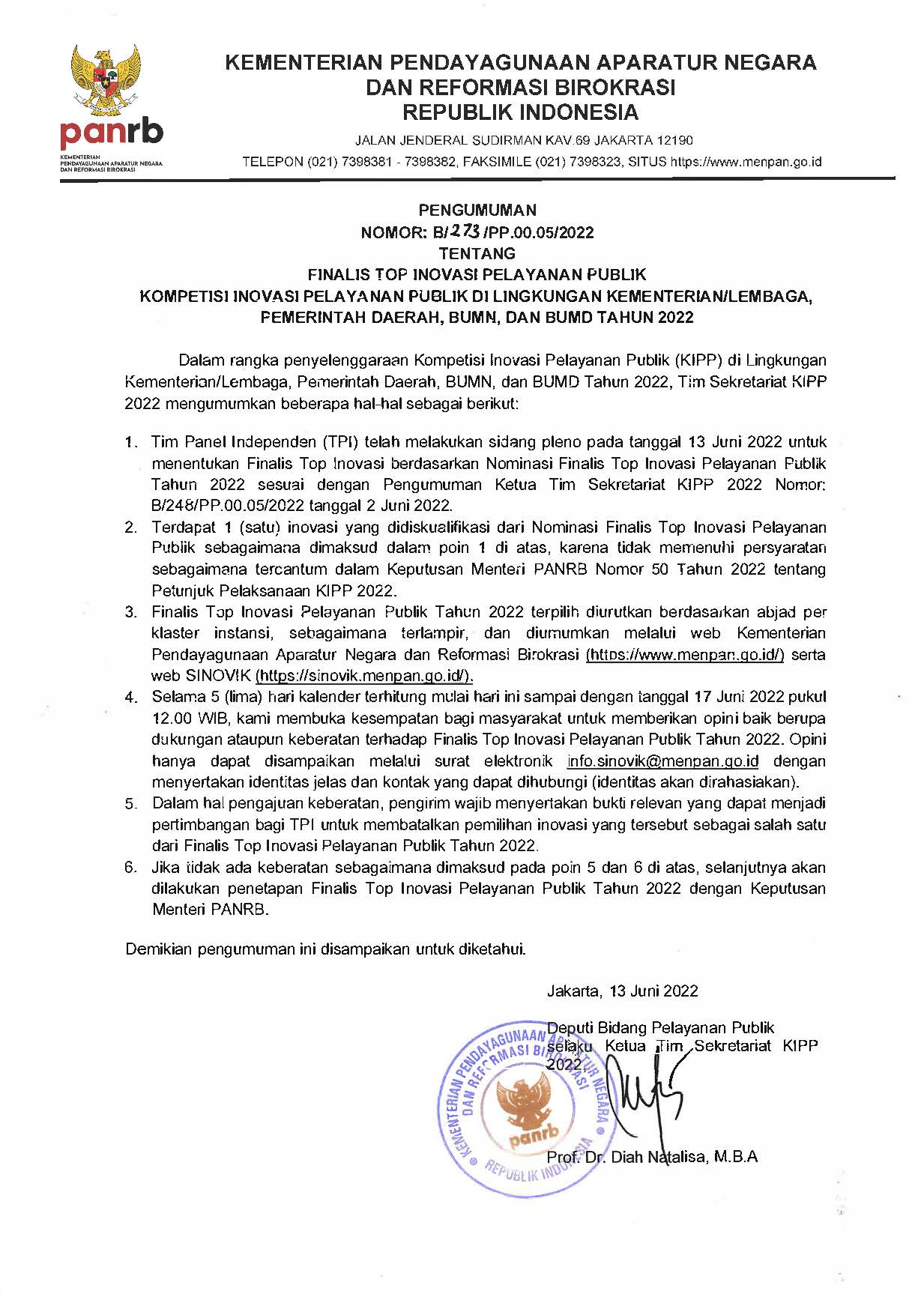 20220613 S Pengumuman Finalis Top Inovasi 2022 No B 273 PP 00 05 2022 Page 1