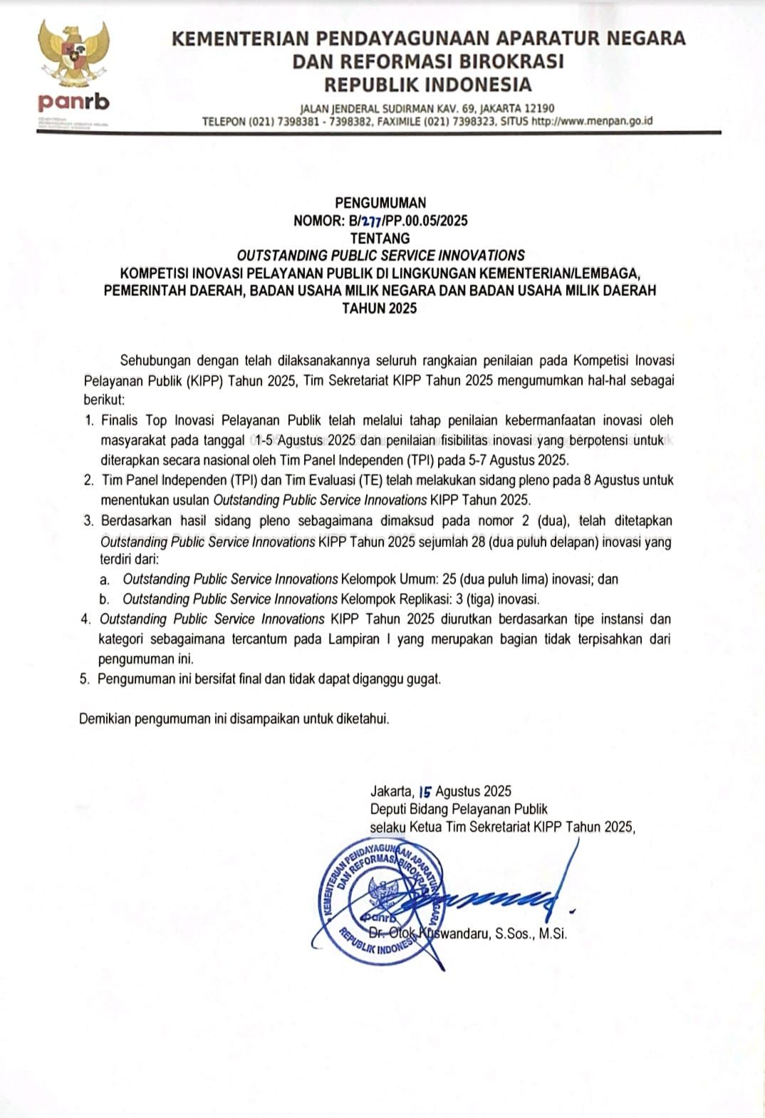 20250820 Kementerian PANRB Umumkan Outstanding Public Service Innovations KIPP Tahun 2025 3
