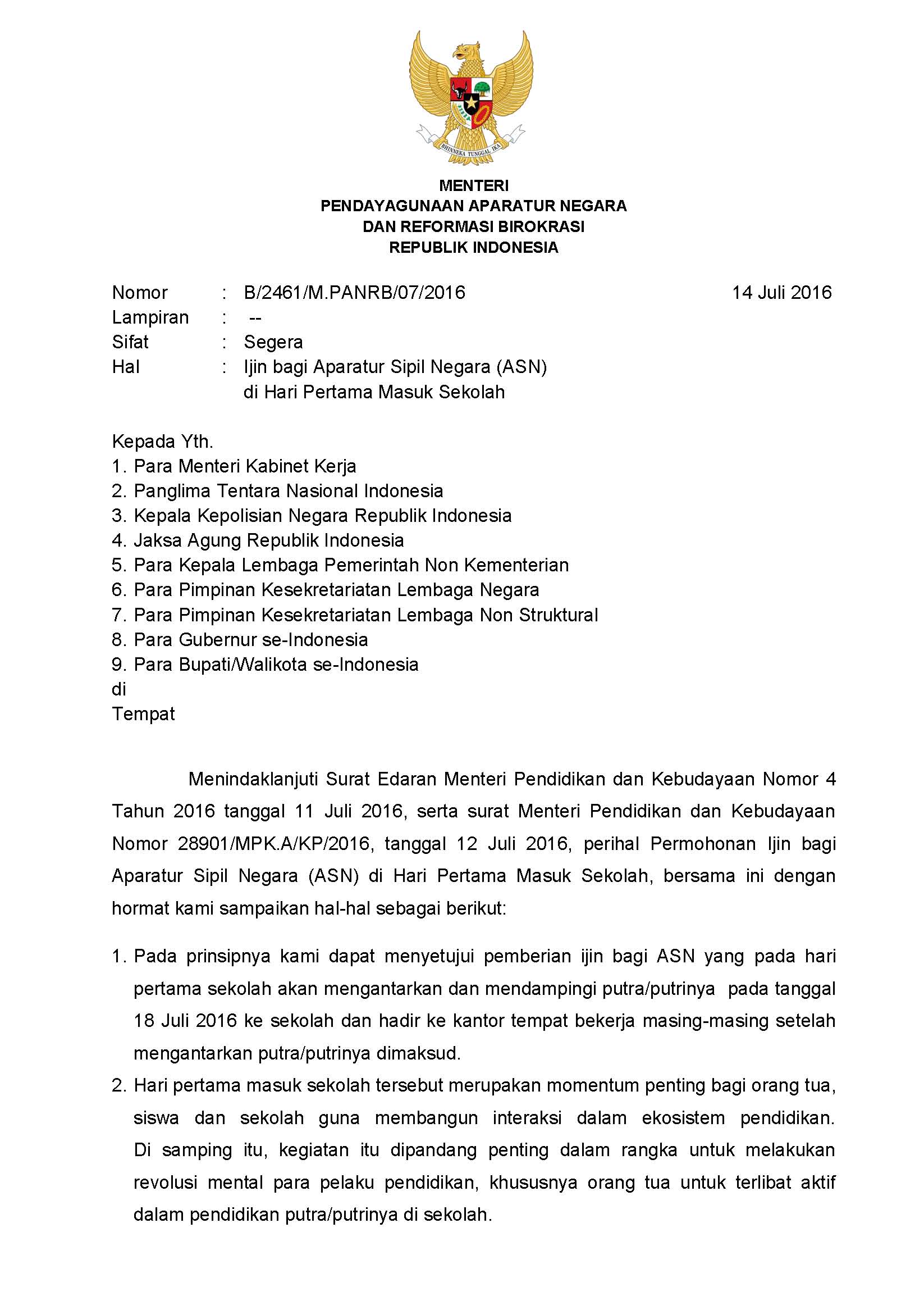 Surat Menteri Panrb Tentang Ijin Bagi Aparatur Sipil Negara