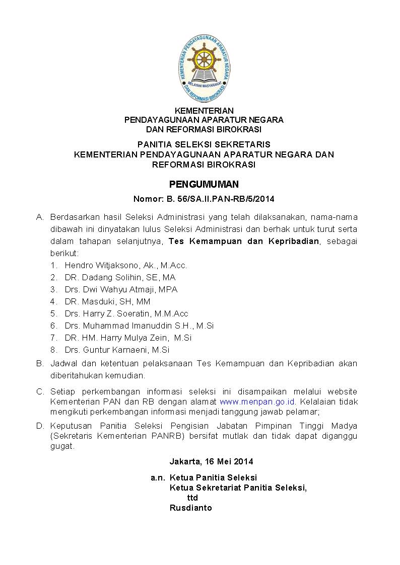 PENGUMUMAN SELEKSI ADMINISTRASI