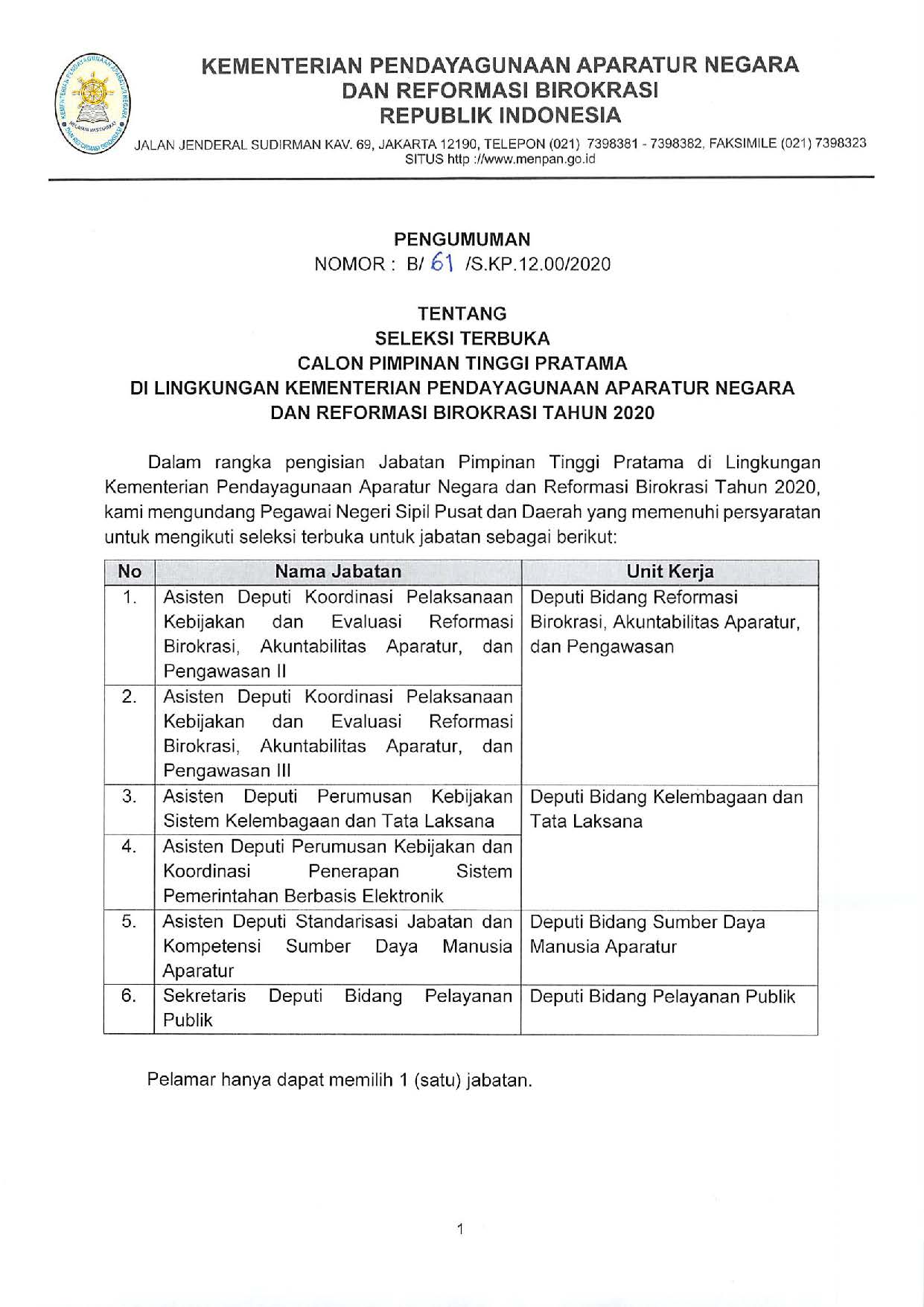 20200923 Pengumuman Seleksi Terbuka JPT Pratama 2020 Page 01