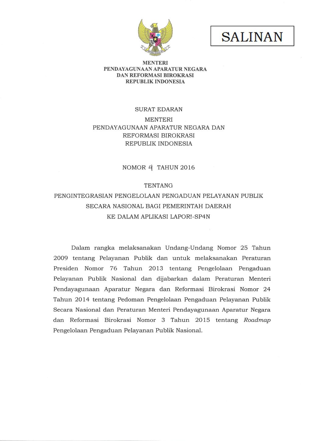 Surat Edaran Menteri Panrb Tentang Pengintegrasian