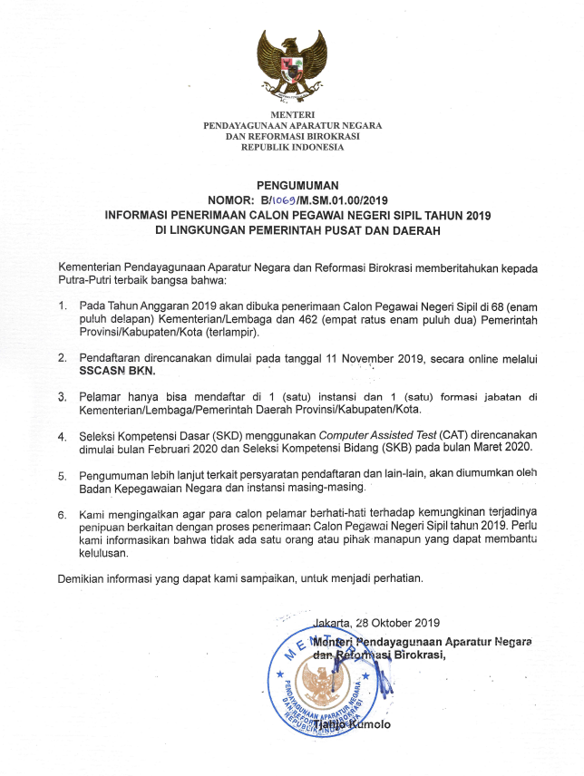Pengumuman Informasi Penerimaan CPNS 2019