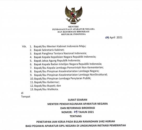 Kementerian Pendayagunaan Aparatur Negara Dan Reformasi Birokrasi Jam Kerja Asn Selama Bulan Ramadan 1442 H