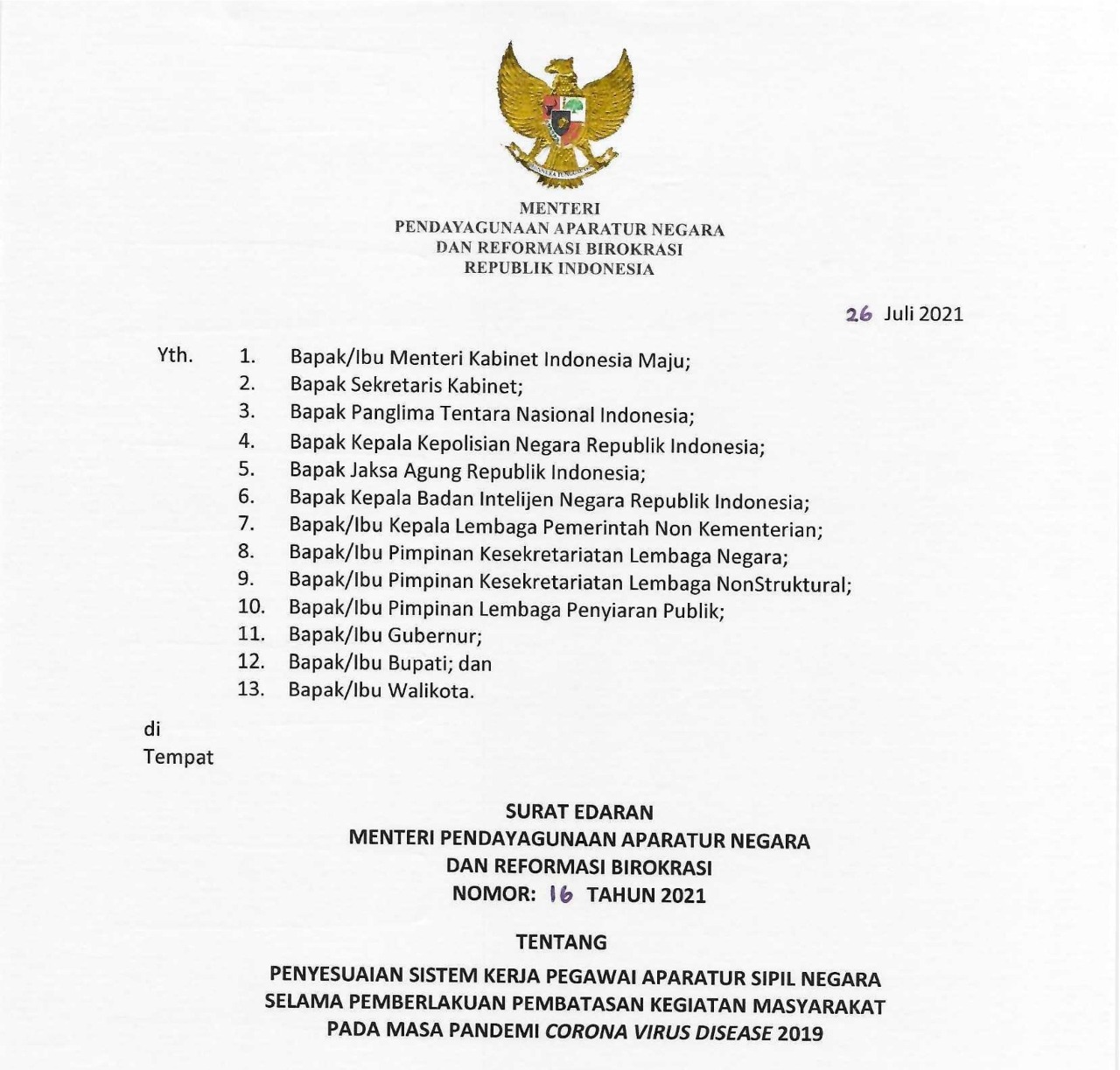 20210727 Menteri PANRB Terbitkan SE Sistem Kerja ASN pada PPKM Level 4 Hingga 1