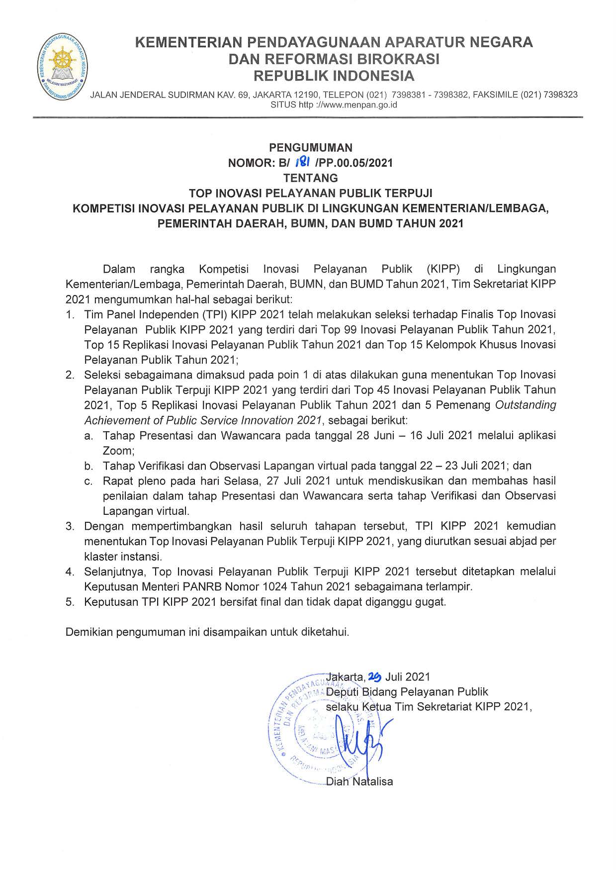 20210729 Pengumuman KepmenPANRB Top Inovasi Terpuji KIPP 2021 Page 01