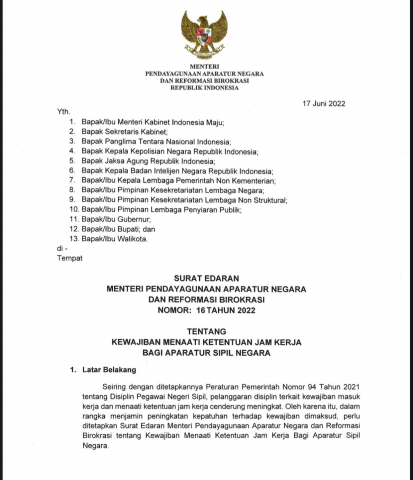 20220622 MENTERI Surat Edaran No.16 Tahun 2022 Tentang Kewajiban Menaati Ketentuan Jam Kerja Bagi ASN 2