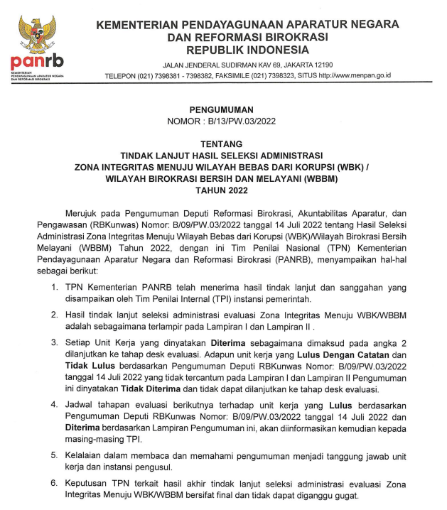20220728 Hasil Sanggah dan Tindak Lanjut Zona Integritas 2022 Diumumkan