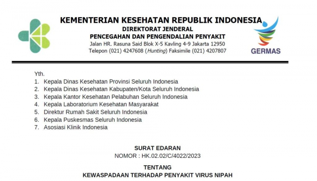 20230929 Kemenkes Terbitkan Edaran Kewaspadaan Terhadap Virus Nipah