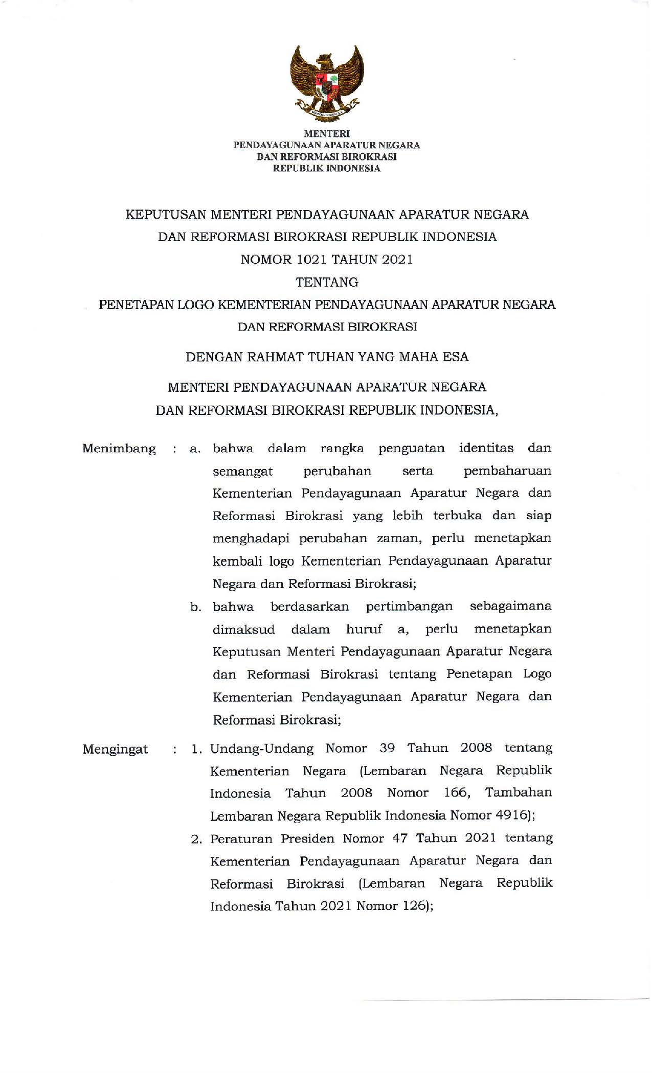 20210812 Kepmen PANRB No.1021 Tentang Penetapan Logo Kementerian PANRB Page 1